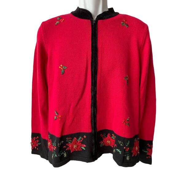 Serengeti Catalog Velvet Christmas Holly Holiday Cardigan Sweater Size Large - Picture 1 of 6